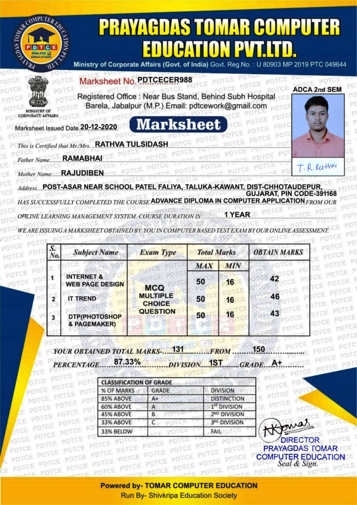 PDTCECER988 RATHVA TULSIDASH ADCA 2 MARKSHEET copy